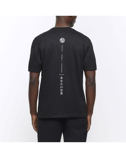 River Island Black T-Shirt Regular Fit Seersucker Graphic Cotton for men