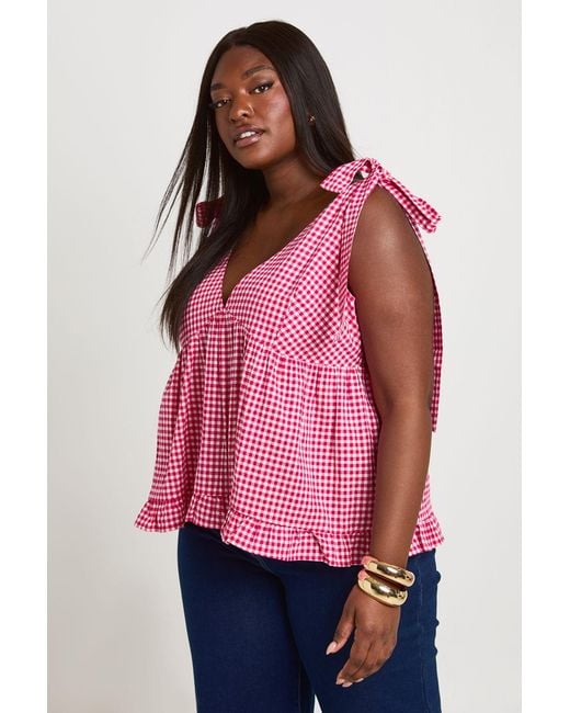 Boohoo Red Plus Gingham Tie Shoulder Peplum Top