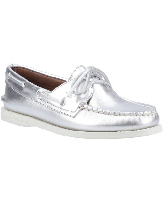 Sperry Top-Sider White Authentic 2 Eye Damenbootsschuhe Aus Silbernem Leder