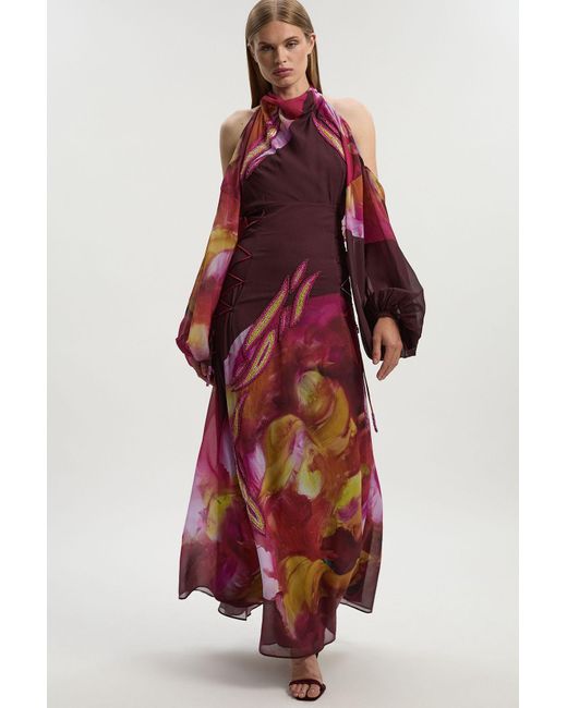 Karen Millen Red Lily Macrae Cold Shoulder Embellished Woven Maxi Dress