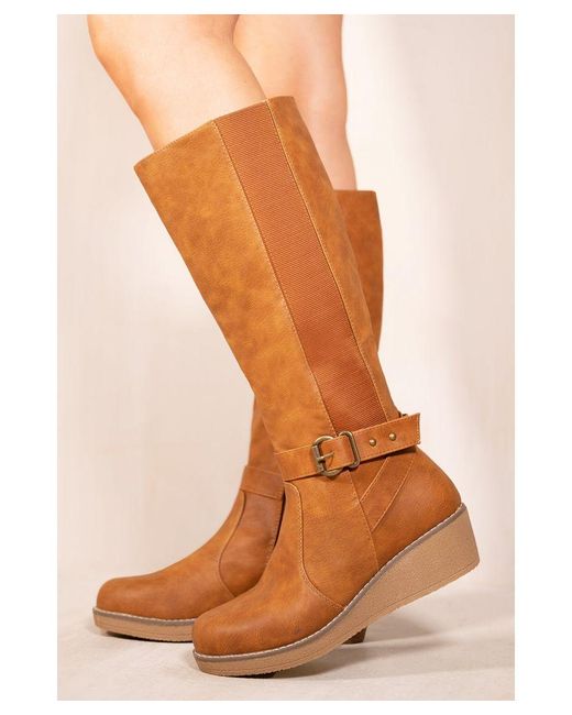 Where's That From Brown 'Ayleen' Wedge Heel Knee High Boots With Elastic Panel