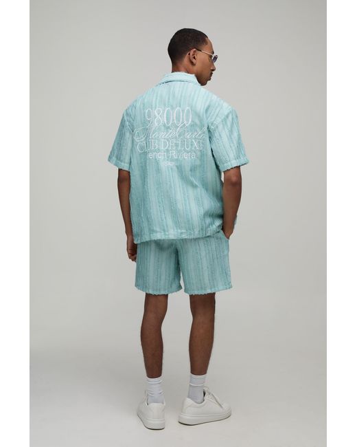 BoohooMAN Green Embroidered Pleated Monte Carlo Regular Shirt & Relaxed Short Set for men