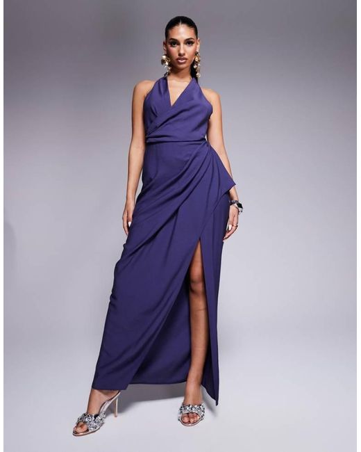 ASOS Purple Plunge Wrap Front Textured Maxi Dress With Draped Skirt