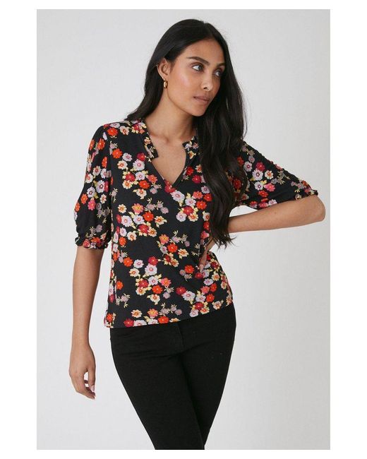 Wallis Black Petite Floral Ruched Sleeve Jersey Top Viscose