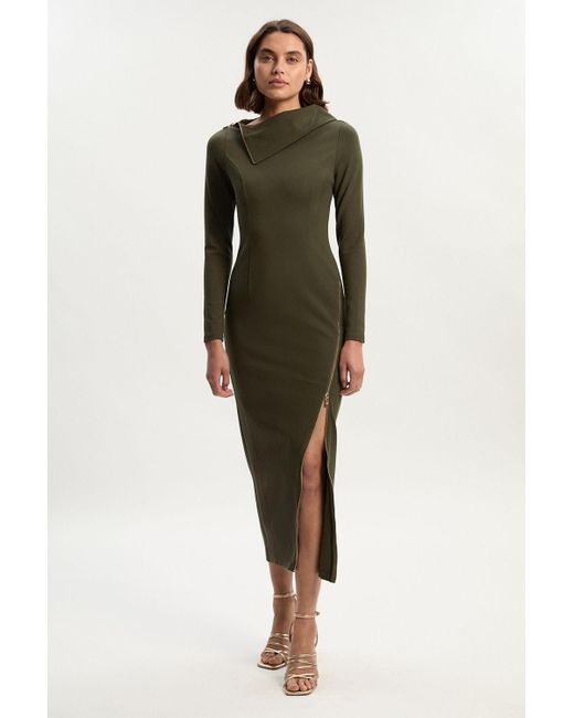Karen Millen Green Ponte Envelope Neck Dress With Zip Split Detail