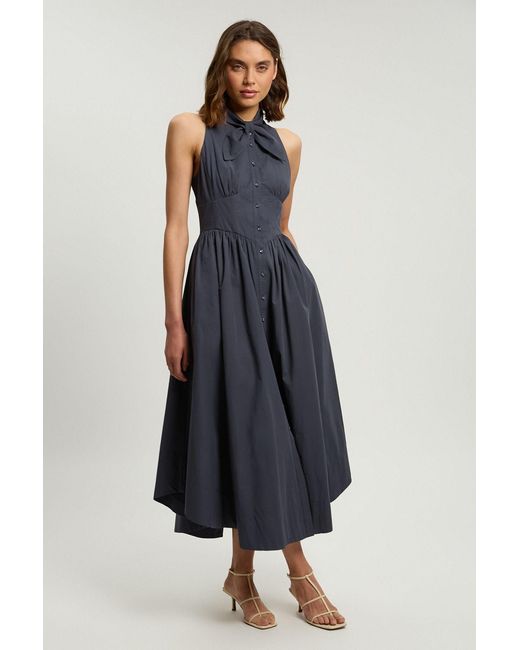 Karen Millen Blue Cotton Poplin Tie Neck Midi Dress