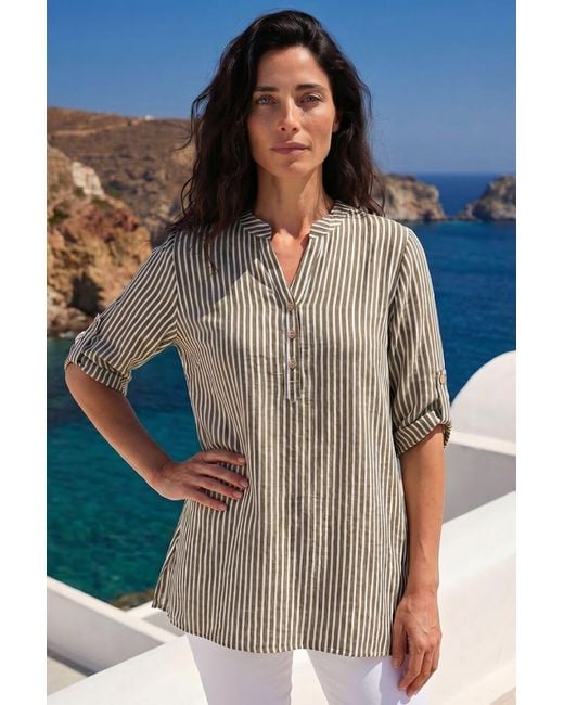 Roman Blue Classic Stripe Button Front Top