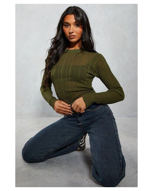 MissPap Green Sheer Knitted Ribbed Long Sleeve Top