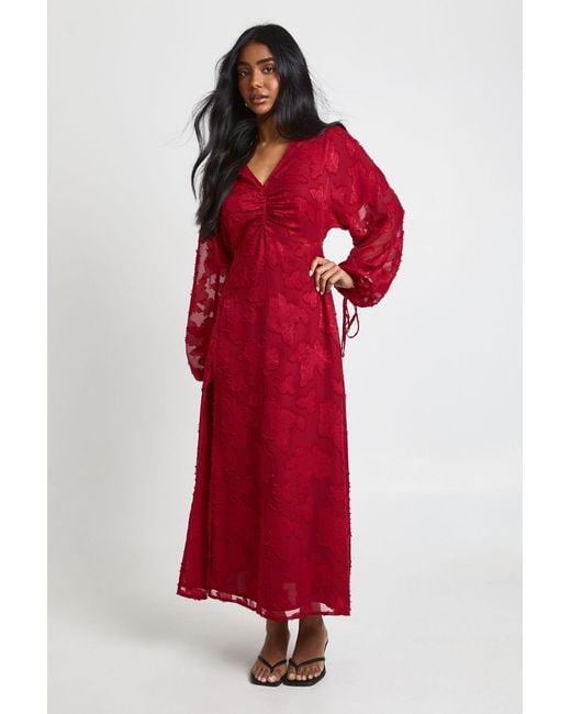 Boohoo Red Floral Burnout Volume Sleeve Midi Dress
