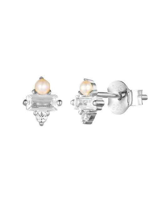 SEOL + GOLD Metallic Sterling Baguette Cz & Pearl Stud Earrings
