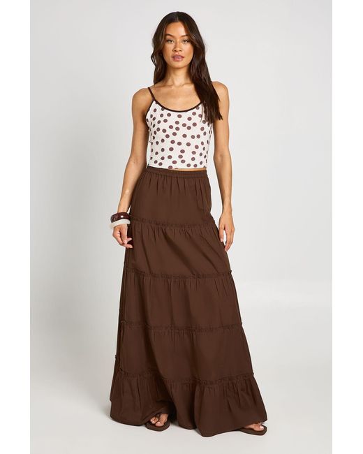 Boohoo Brown Tall Tiered Cotton Poplin Maxi Skirt