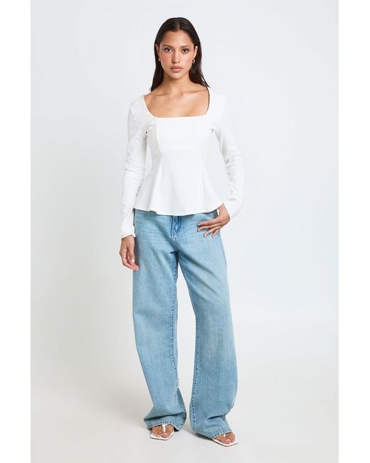 Boohoo Blue Scoop Neck Long Sleeve Peplum Top