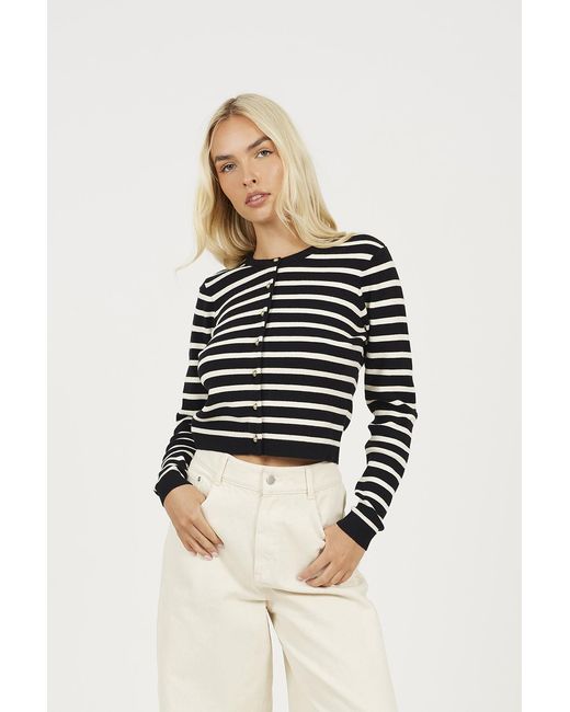Brave Soul Black Stripe Crew Neck Cardigan With Shank Buttons