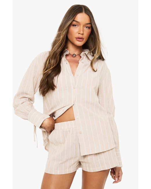 Boohoo Natural Stripe Tie Cuff Shirt & Short Co-Ord