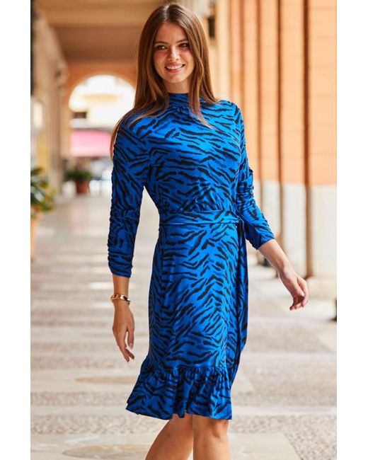Sosandar Blue Print High Neck Belted Dress
