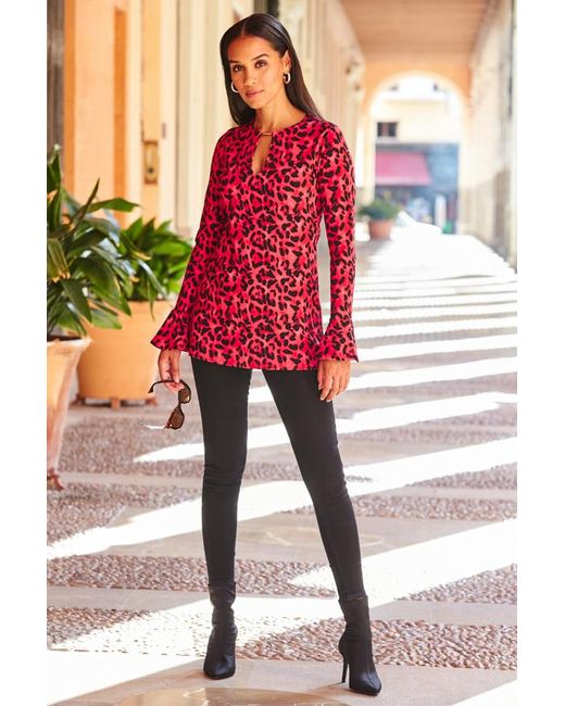 Sosandar Pink Hot Leopard Print Bar Detail Tunic