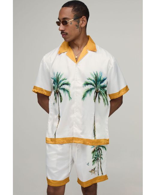 BoohooMAN Gray Oversized Half Sleeve Location Print Satin Shirt & Short Set for men