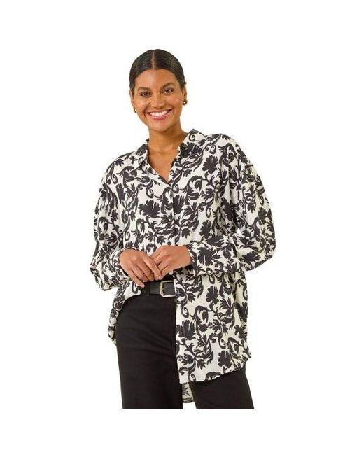 Roman Black Floral Swirl Print Collared Shirt