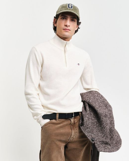 Gant White Superfine Lambswool Half Zip Cardigan for men
