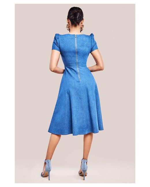 Goddiva Blue Denim Front Frill Flared Midi Dress