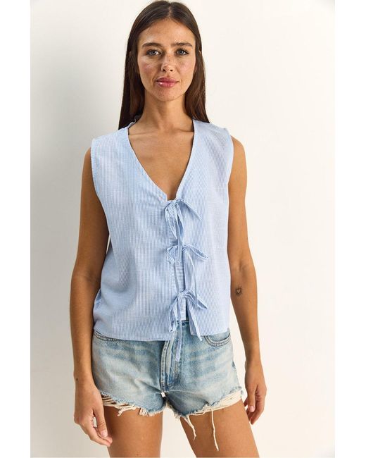 Bianco Lucci Blue Striped V-Neck Blouse With Tie Detail