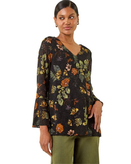 Roman Black Floral Print V-Neck Top