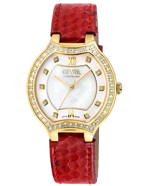Gevril Red Lugano Swiss Diamond Mop Dial Genuine Italian Handmade Leather Watch