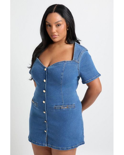 Boohoo Blue Plus Denim Trim Button Down Shift Dress