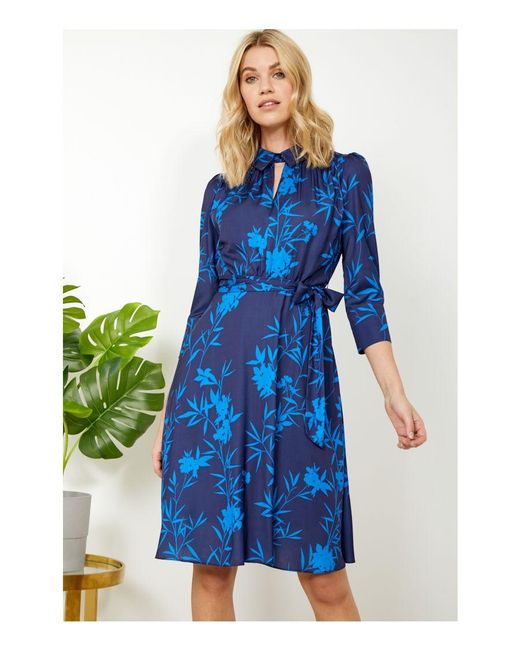 Sosandar Blue Forest Sprig Collared Fit & Flare Dress