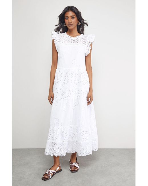 Warehouse White Petite Broderie Mix Tiered Midi Dress