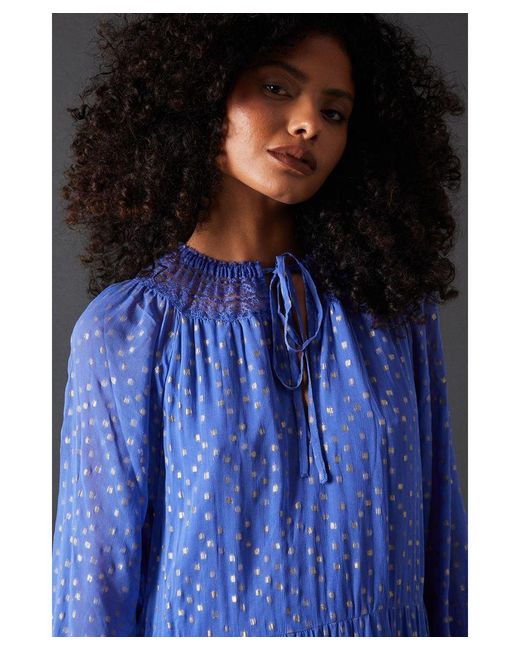 Warehouse Blue Metallic Jacquard Lace Midi Dress