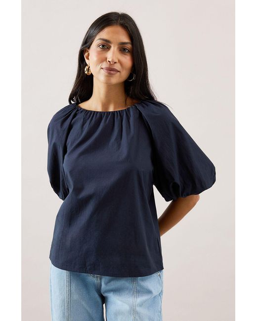 Wallis Blue Puff Sleeve Cotton Poplin Top