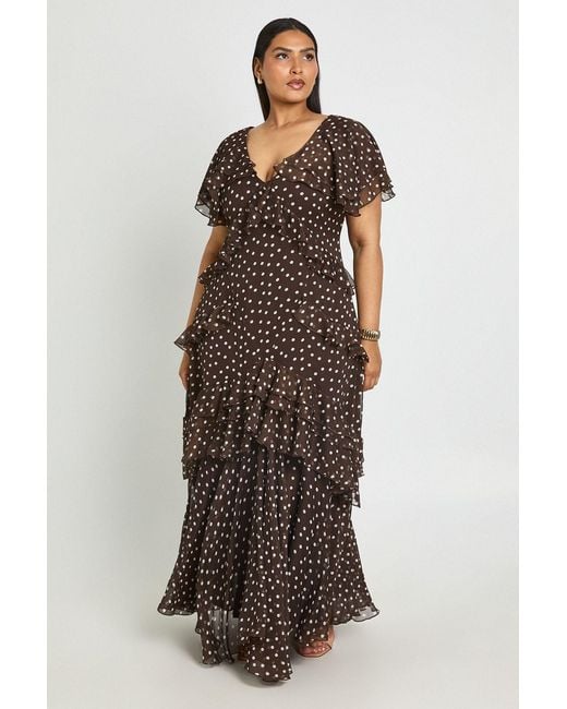 Boohoo Brown Plus Polka Dot Print Chiffon Cowl Neck Maxi Dress