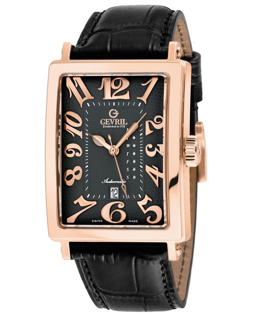 Gevril Black Avenue Of America's Iprg Case, /Rg Dial, Genuine Italian Handmade Leather Strap for men