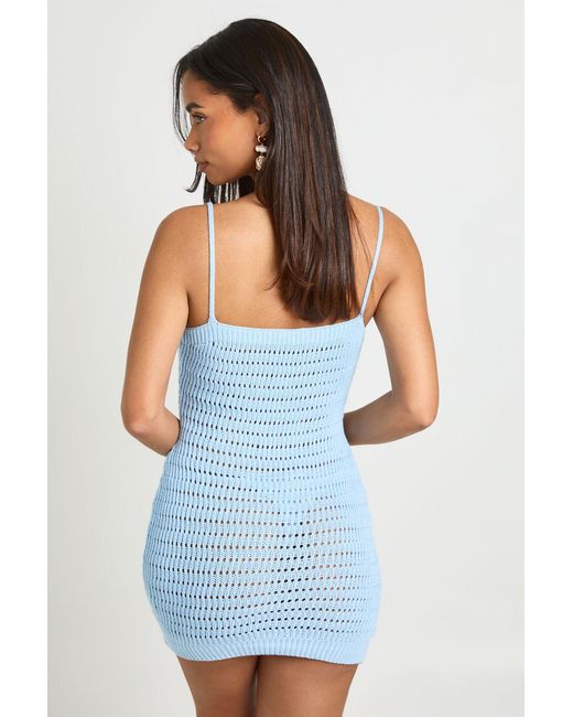 Boohoo Blue Crochet Knit V Neck Mini Dress