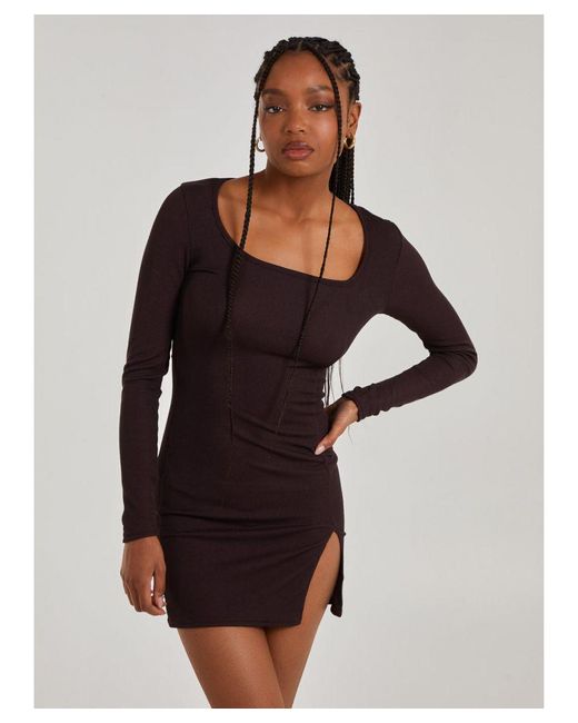 Pink Vanilla Brown Long Sleeve Ribbed Dress