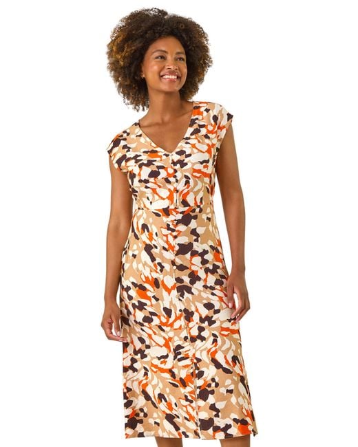 Roman Orange Geo Print Button Detail Midi Dress