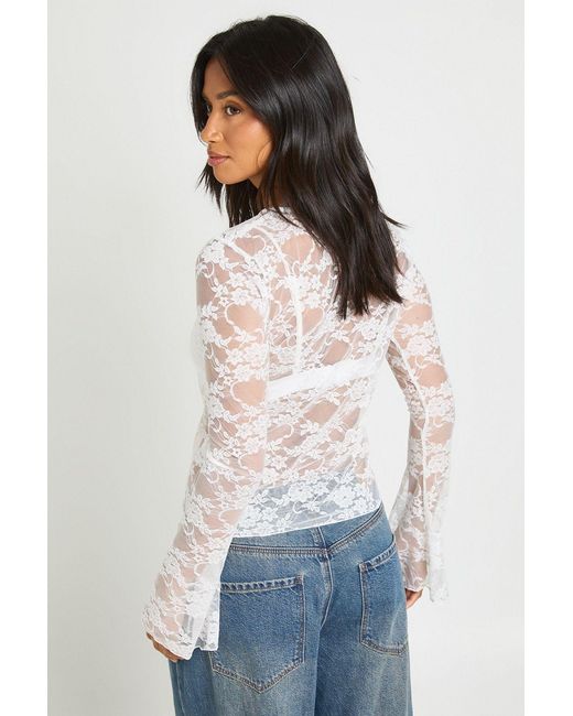 Boohoo White Petite Lace Boat Neck Flare Sleeve Top