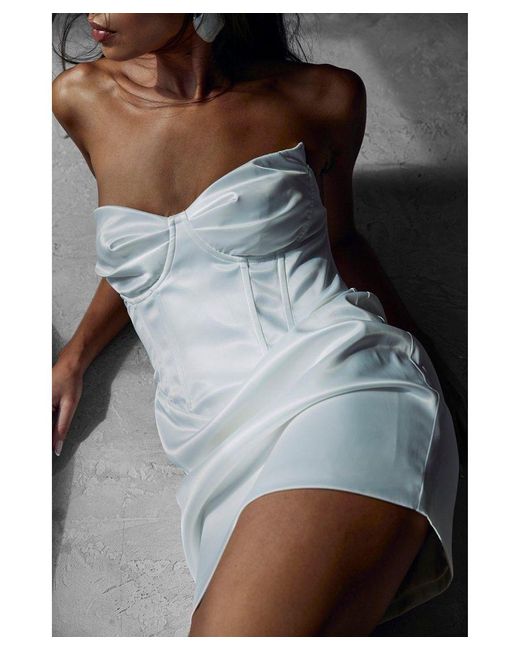 MissPap White Premium Satin Angled Bust Corset Bodycon Mini Dress