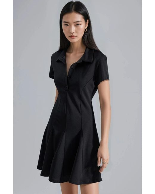 Busem Black Crepe Mini Dress With Button Closure And Polo Collar