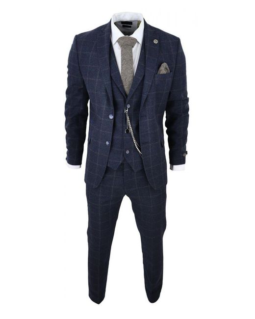 TruClothing Blue 3 Piece Wool Suit Tweed Check Peaky Blinders 1920 Gatsby Formal Canvas for men
