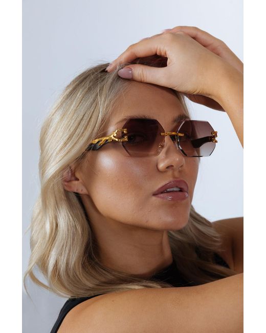SVNX Brown Rimless Oval Geometric Sunglasses