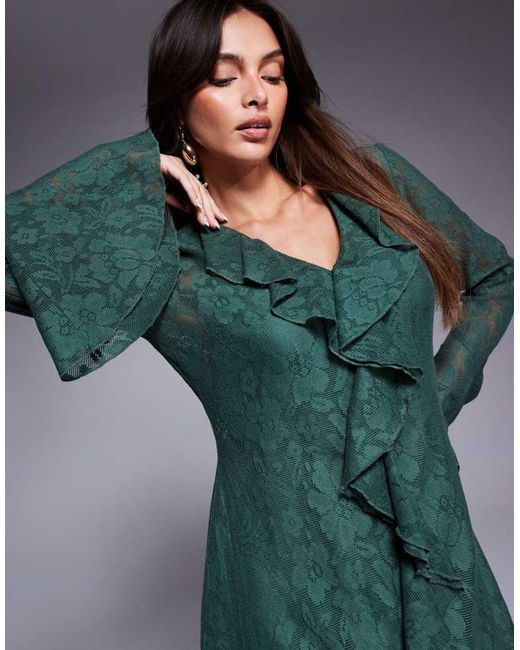 ASOS Green Crochet Lace Long Sleeve Frill Mini Dress With High Low Hem