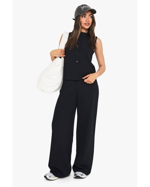 Boohoo Blue Crinkle Rib Button Through Sleeveless Top And Trouser Set
