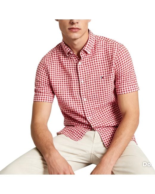 Tommy Hilfiger Red Oxford Shirts Gingham Checked Regular Short Sleeve Cotton for men