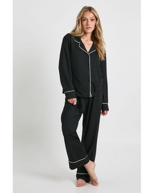 Boohoo Black Petite Jersey Piping Detail Long Sleeve Shirt & Trousers Pyjama Set