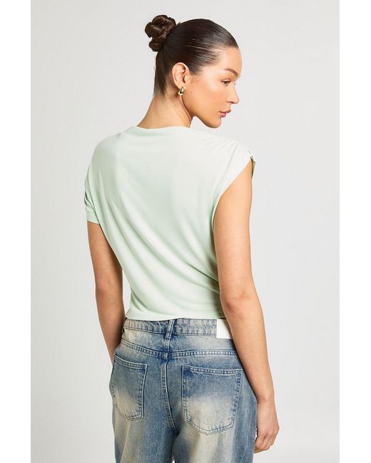 Boohoo White Cupro Ruched Asymmetric Sleeve Drape Top