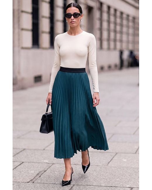 Roman Blue Pleated Elastic Waist Maxi Skirt