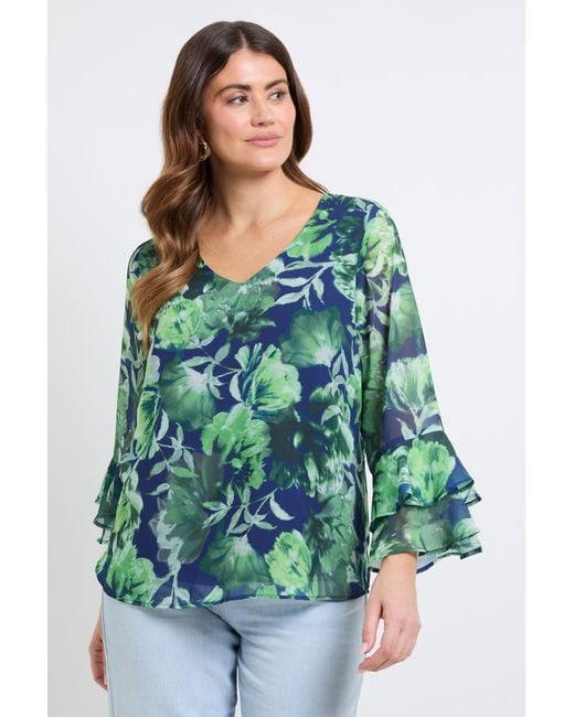 Wallis Blue Floral Flute Sleeve Top