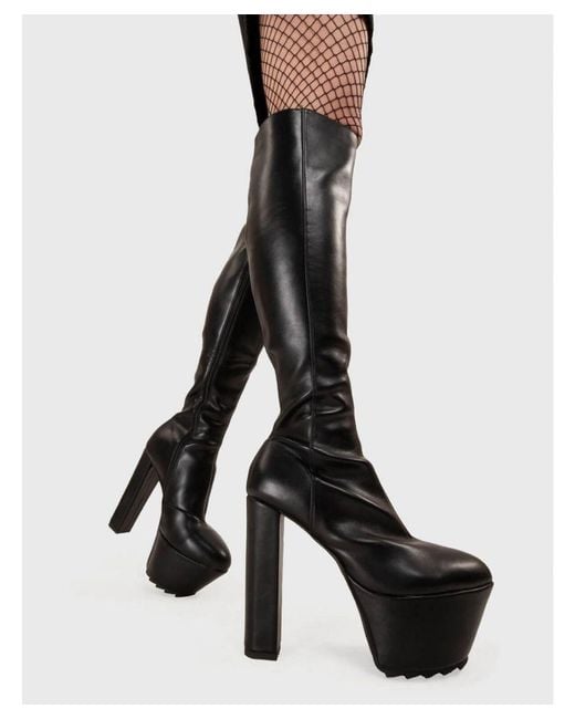 Lamoda Black Knee High Boots Can'T Stand You Round Toe Platform Heel With Zipper
